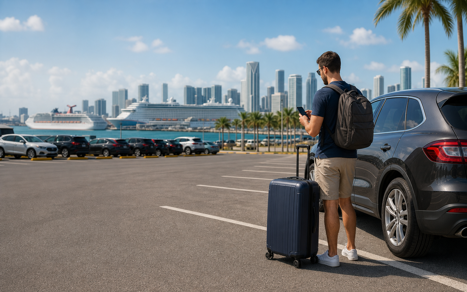 Custom editorial artwork for a traveler planning the miami cruise port parking route, without text or logos.